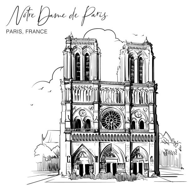 巴黎聖母院美麗的立面。水彩畫紋理背景上的線性草圖。 - notre dame 幅插畫檔、美工圖案、卡通及圖標
