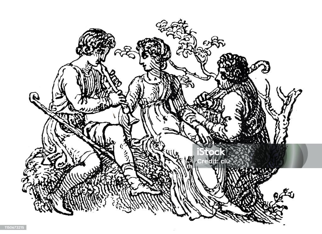 Young people making music outdoors Illustration from 19th century 19th Century stock illustration