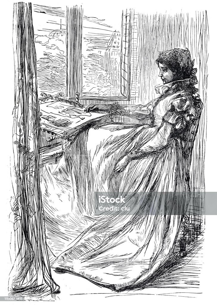 Woman sitting at window, reading newspaper Illustration from 19th century 19th Century stock illustration