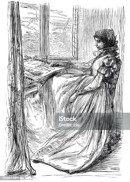 Woman Sitting At Window Reading Newspaper Stock Illustration - Download Image Now - 19th Century, 2019, Adult