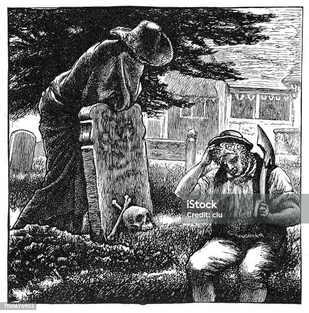 Gravedigger At The Grave Stock Illustration - Download Image Now - Grave Digger, Engraved Image, Engraving