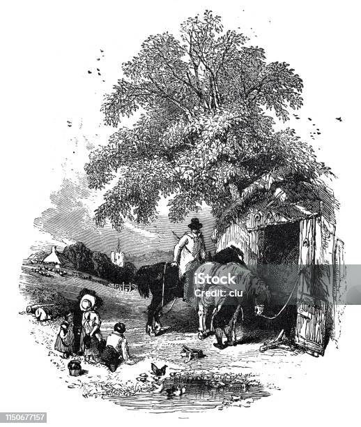 Rider At A Hut Has His Second Horse Examined Stock Illustration - Download Image Now - 19th Century, 2019, Adult