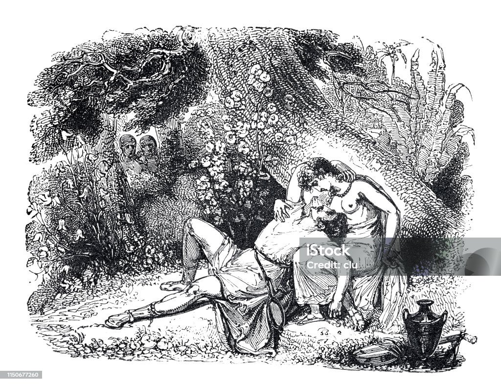 Lovers under a tree Illustration from 19th century Archival stock illustration