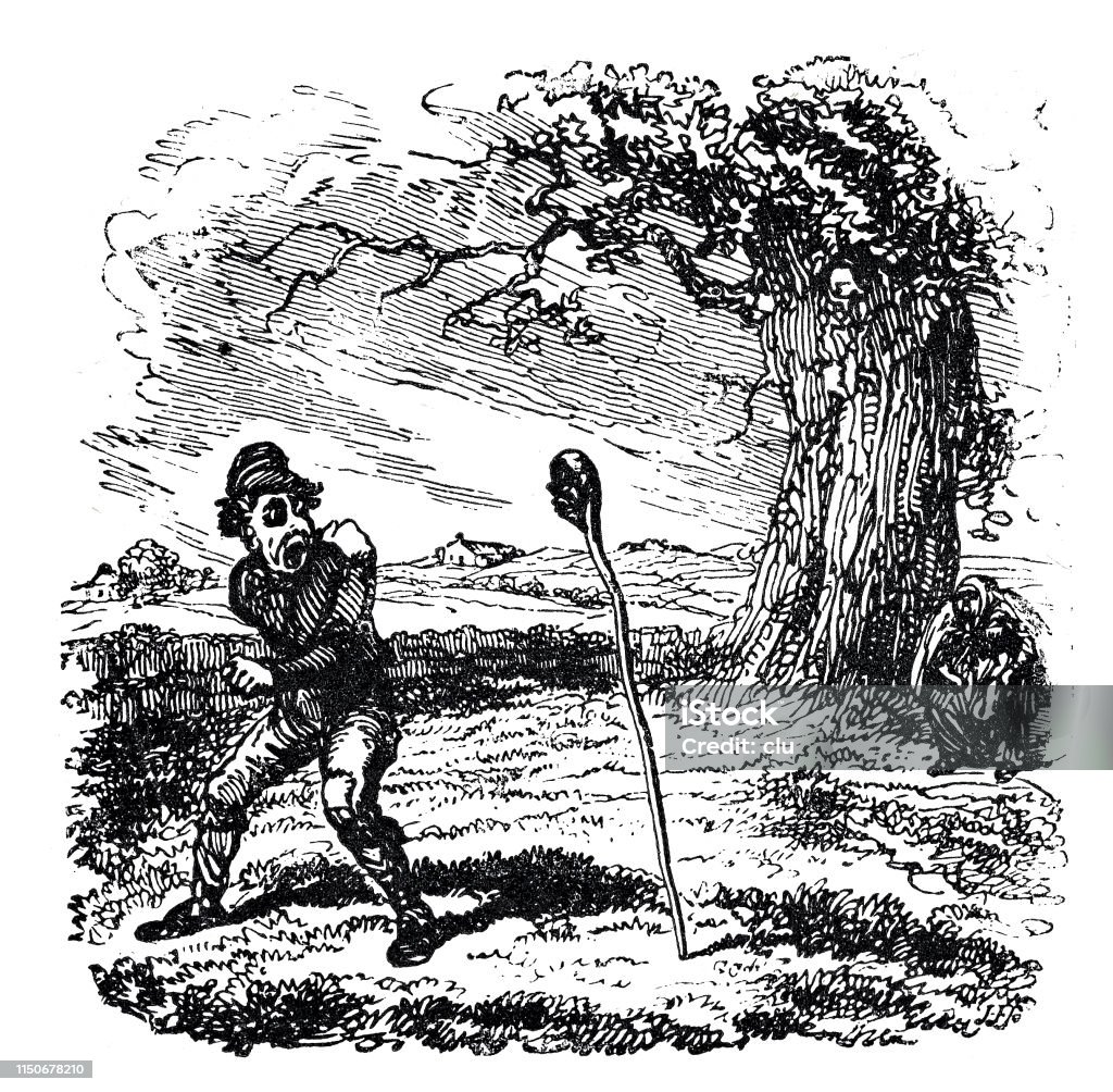 Man under a tree is afraid by a stick Illustration from 19th century Forest stock illustration