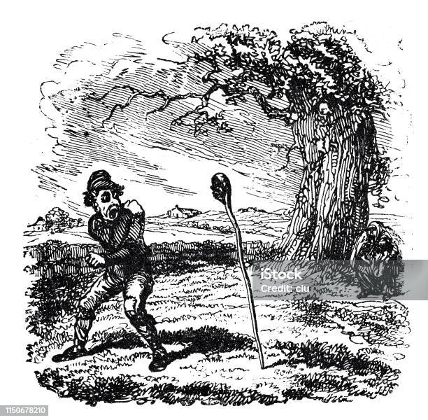 Man Under A Tree Is Afraid By A Stick Stock Illustration - Download Image Now - Forest, One Man Only, 19th Century