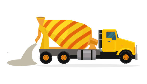 Concrete Mixing Truck Vector in Flat Design Concrete mixing truck vector. Flat design. Industrial transport. Construction machine. Yellow lorry with mixer pour out cement. For construction theme illustrating, building companies ad. On white mixing cement stock illustrations