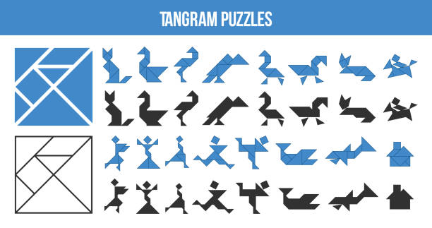 Printable Tangram Puzzle Game Set Of Shapes For Kids Activity That Helps To  Learn Geometric Shapes Animals Birds Fishes And People Made Of Triangles  Square And Parallelogram Vector Illustration Stock Illustration -