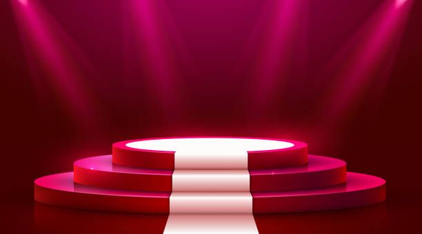 istock Abstract round podium with white carpet illuminated with spotlight. Award ceremony concept. Stage backdrop. 1150683953
