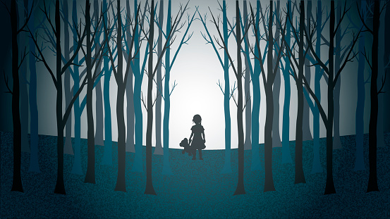Girl with her teddy bear walking lost through a creepy forest. Minimalist vector landscape