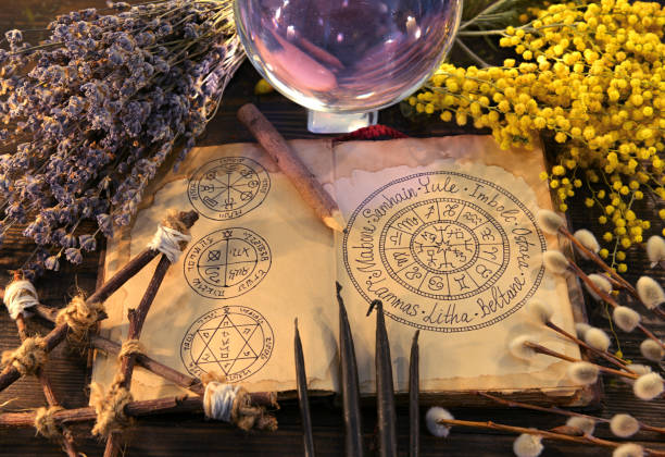 istock Old book with wiccan holidays chart, pentagram, crystal ball and herbs. 1150687764