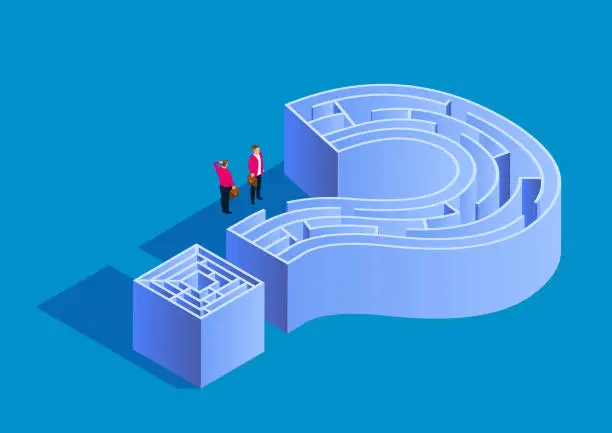 Vector illustration of Puzzle and maze, two businessmen standing in front of the maze door of the question mark