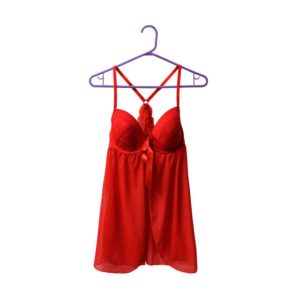 istock Red lace nightie on the hanger. White background. Isolate 1150689403