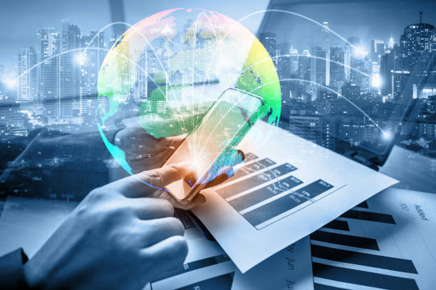 istock Double exposure of businessman using smart phone show globe simulation at office with city night background, digital network connection concept 1150689539