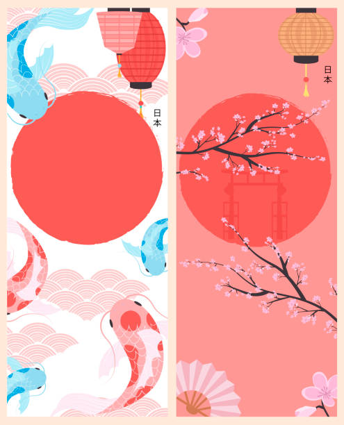 Set of Japan posters with koi fish and traditional famous elements and symbols. Set of Japan posters with koi fish and traditional famous elements and symbols. Japan wording translation: "Japan". Editable vector illustration tokyo sakura stock illustrations
