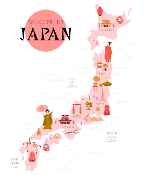 ilustraciones, imágenes clip art, dibujos animados e iconos de stock de mapa ilustrado de japón con elementos tradicionales y monumentos. - computer graphic image women national landmark