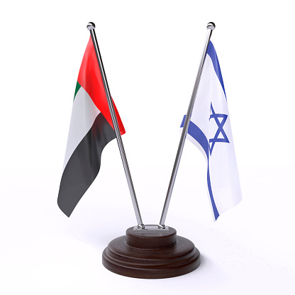 UAE and Israel, two table flags on white background. 3d image