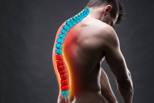 Pain in the spine, a man with backache, injury in the human back, chiropractic treatments concept Pain in the spine, a man with backache, injury in the human back, chiropractic treatments concept with highlighted skeleton neuralgia stock pictures, royalty-free photos & images