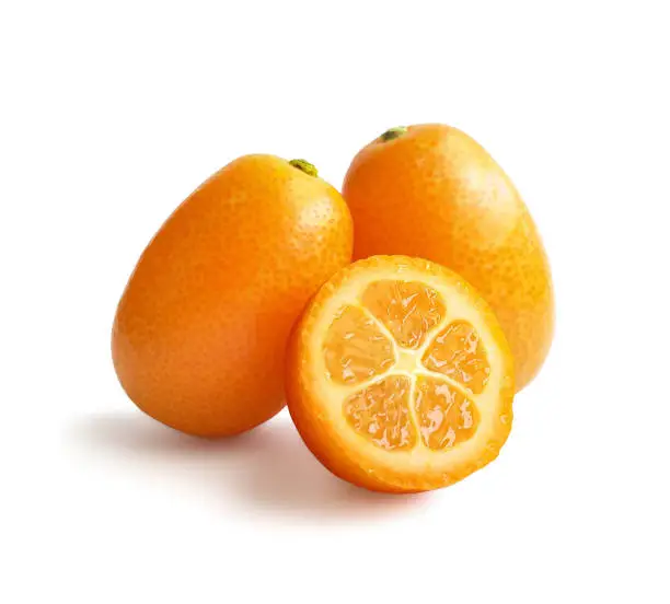 Kumquat isolated on white background (clipping path). Two kumquat fruits with one juicy sliced part