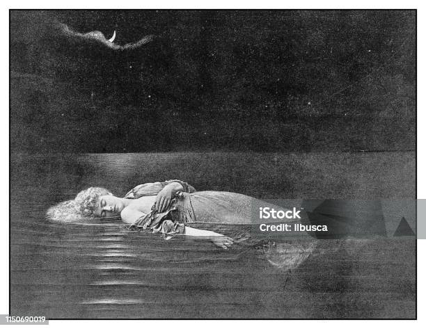 Ilustrasi Antik Tidur Di Laut Ilustrasi Stok - Unduh Gambar Sekarang - Arsip, Gaya retro, Bulan - Langit