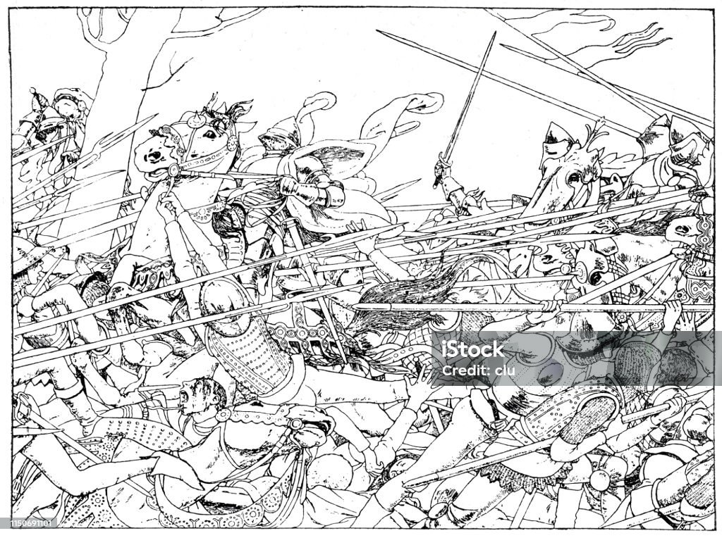 In the middle of a medieval battle Illustration from 19th century Knight - Person stock illustration