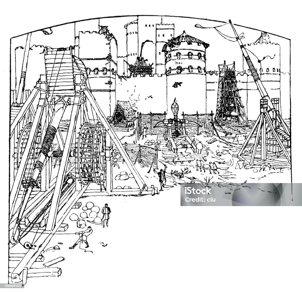 Equipment and weapons for the attack on a castle Illustration from 19th century Castle stock illustration