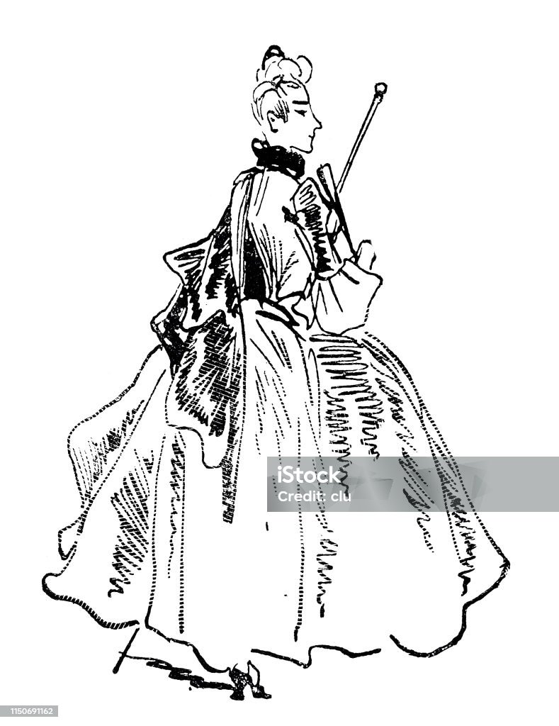 Elegant woman, side view, on white background Illustration from 19th century 19th Century stock illustration