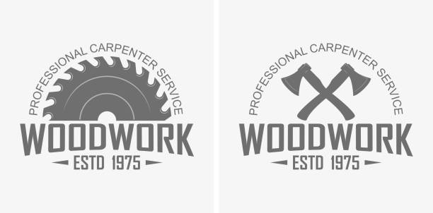 Logo advertising professional carpentry service Ax, saw and text in black hand saw stock illustrations