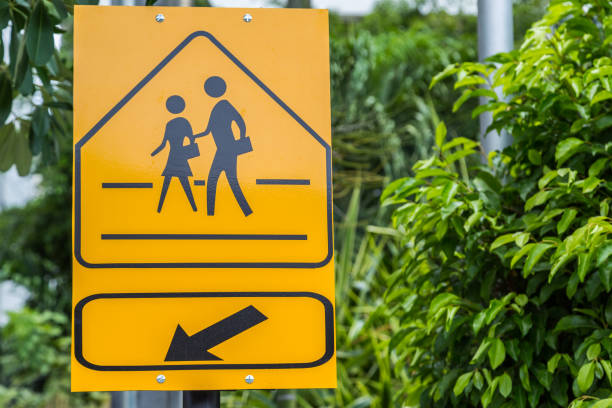 istock Traffic sign School warning sign here with green leaf 1150693689