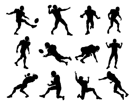 A set of detailed silhouette American Football players in lots of different poses