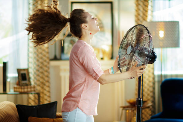 smiling housewife enjoying fresh air in front of working fan smiling modern housewife in the modern living room in sunny hot summer day enjoying fresh air in the front of working fan. electric fan stock pictures, royalty-free photos & images
