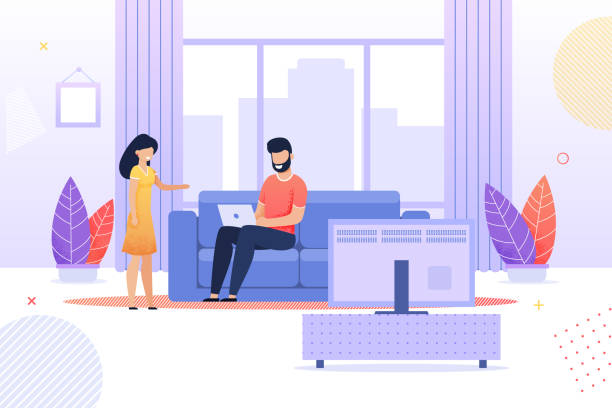 Wife Talks to Busy Husband at Home Flat Cartoon Wife Talking to Busy Husband Flat Cartoon. Man Sitting on Sofa and Working with Laptop in Living Room at Home. Married Couple Relationship. Prioritization. Relationship and Job. Vector Illustration clingy girlfriend stock illustrations