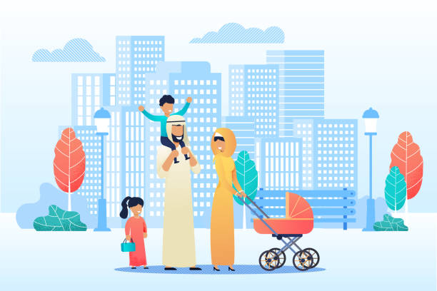 ilustrações de stock, clip art, desenhos animados e ícones de happy cartoon arab family spend time together - skyscraper travel people traveling traditional culture