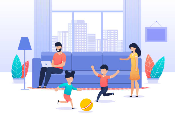 Family Spending Time at Home Cartoon Illustration Family Spending Time at Home. Busy Father Sitting on Sofa in Living Room. Active Children Playing Ball. Mom Tries Calming Down them. Parents and Kids. Values and Priorities. Vector Flat Illustration family internet stock illustrations