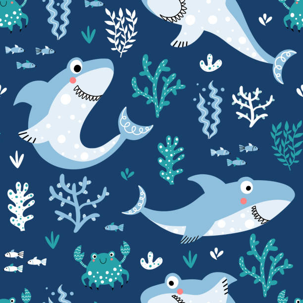Funny Shark Seamles Background Stock Illustration - Download Image Now -  Shark, Happiness, Cute - iStock