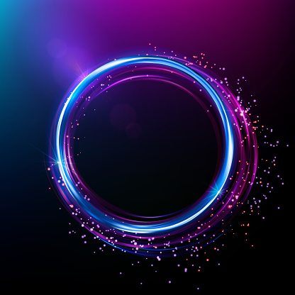 Colorful ring with luminous swirling spirals. Abstract blue neon ring. Light effect. The whirlwind of shiny particles. Flashes of light on the emerald-lilac circle. Empty space for text. Vector.