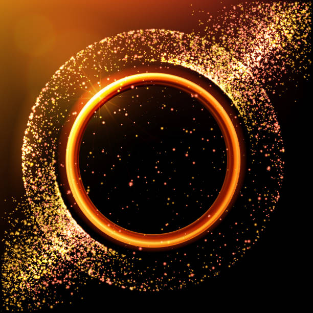 istock Abstract golden luminous ring. Stardust. Glowing yellow circle with particles. Sparkling neon light effect, shiny magic banner. Magic fire ring trace. Energy brilliant round light frame. Vector. 1150695936