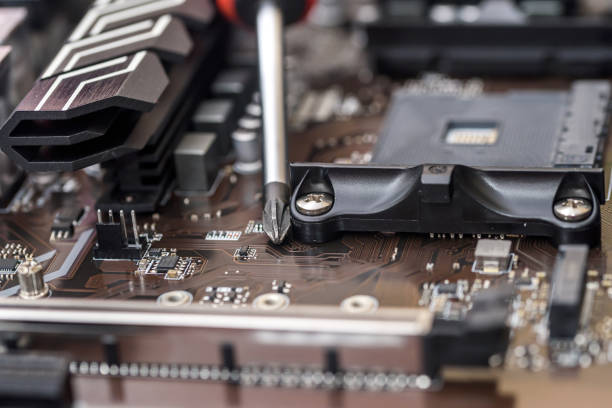 istock Brown color motherboard top view, computers and electronic theme 1150696880