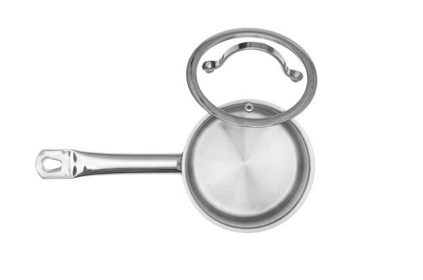 istock Stainless saucepan with lid closeup isolated on white background 1150698221