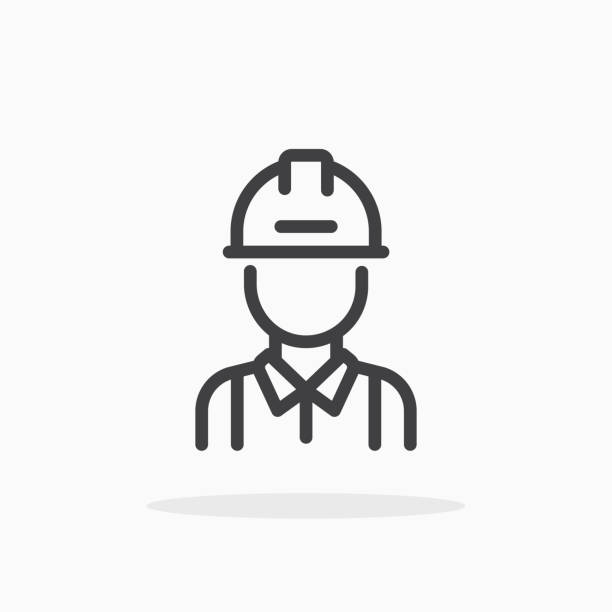 ilustraciones, imágenes clip art, dibujos animados e iconos de stock de icono de ingeniero en estilo de línea. - helmet