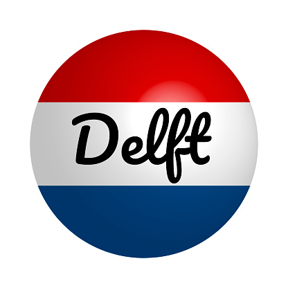 Round button Icon of national flag of Netherlands with inscription of city name: Delft in modern style and reflection of light. Vector EPS10 illustration