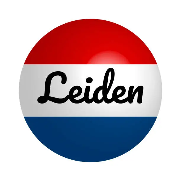 Vector illustration of Round button Icon of national flag of Netherlands with inscription of city name: Leiden in modern style and reflection of light. Vector EPS10 illustration.