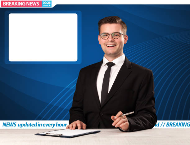 istock Television reporter telling breaking news at his studio desk with copy space 1150704212