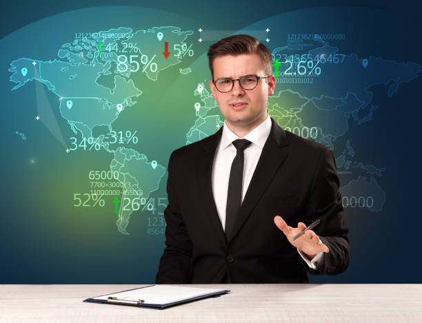 istock Trade market analyst is studio reporting world trading news with map concept 1150704410