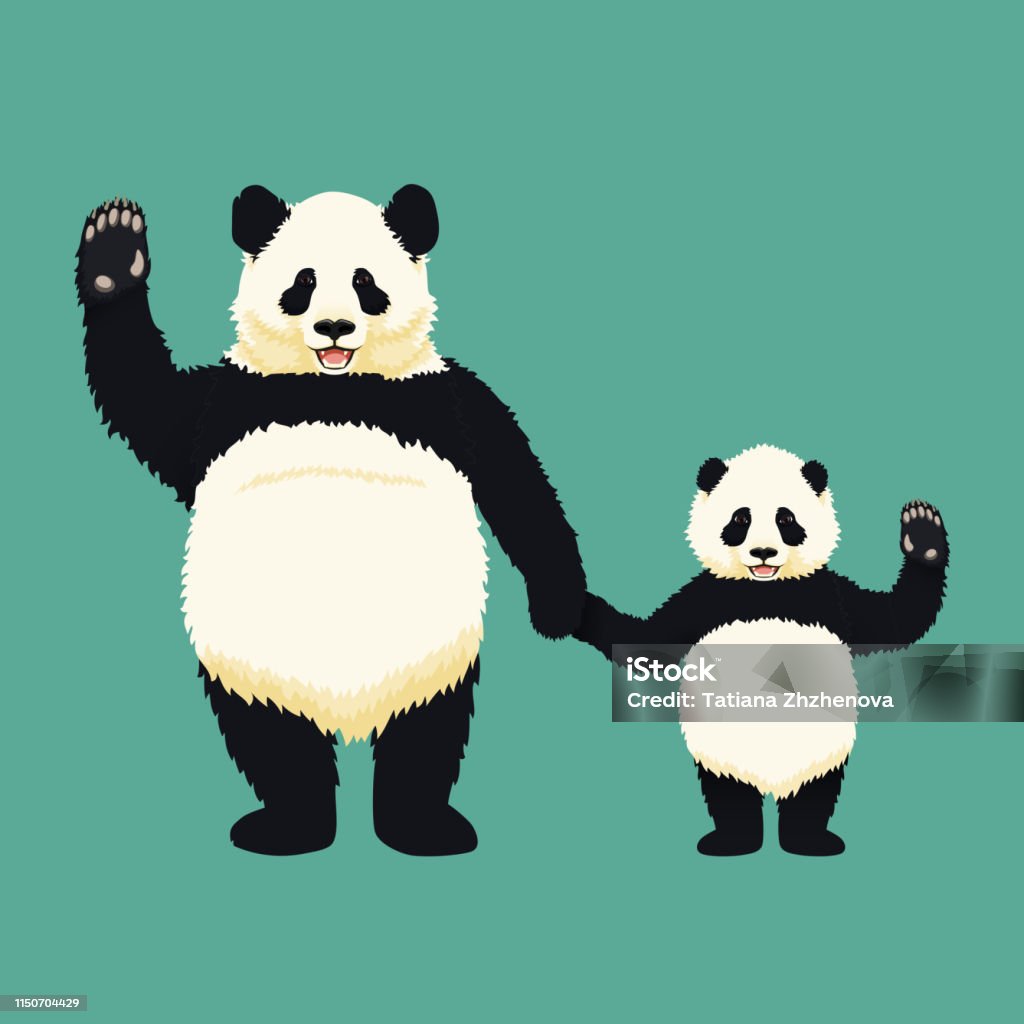 Panda géant adulte et bébé panda debout tenant les mains et agitant. Famille d’ours chinois. Mère ou père et enfant. Espèces rares et vulnérables. - clipart vectoriel de Amour libre de droits