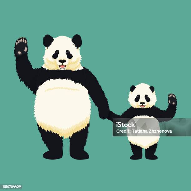 Panda Géant Adulte Et Bébé Panda Debout Tenant Les Mains Et Agitant Famille Dours Chinois Mère Ou Père Et Enfant Espèces Rares Et Vulnérables Vecteurs libres de droits et plus d'images vectorielles de Amour