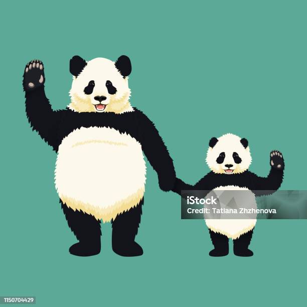 Adult Giant Panda And Baby Panda Standing Holding Hands And Waving Chinese Bear Family Mother Or Father And Child Rare Vulnerable Species Stock Illustration - Download Image Now