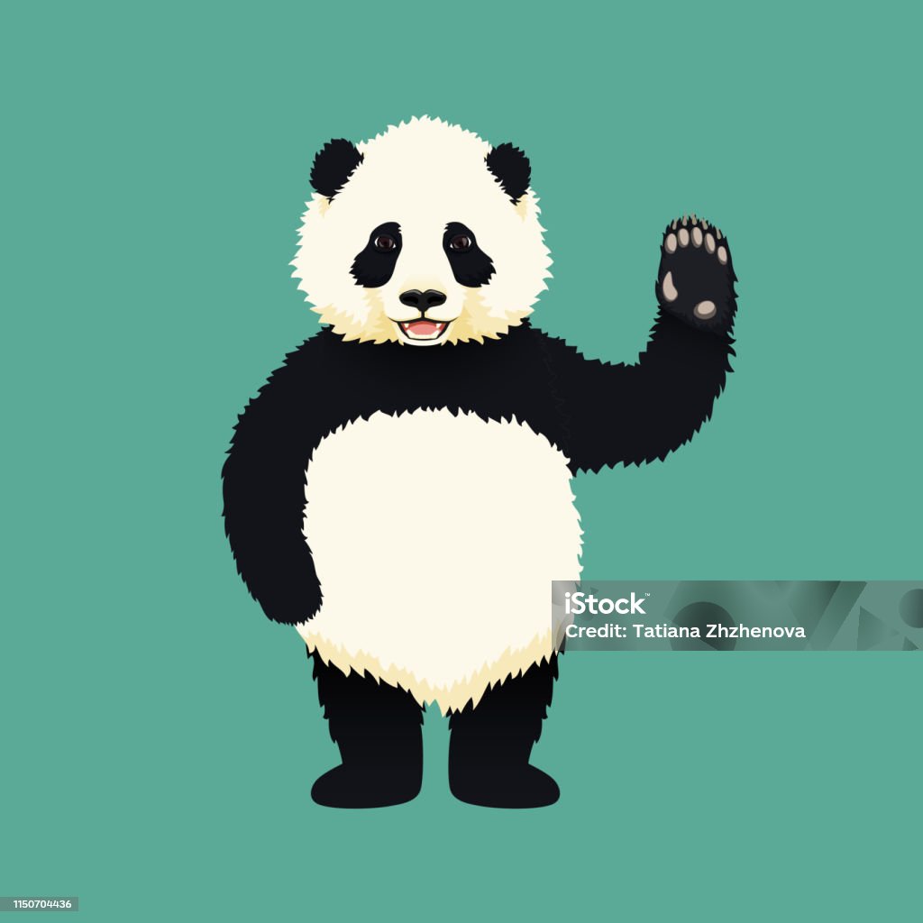 Bébé panda géant debout sur les pattes arrières et agitant. Ourson chinois noir et blanc. Espèces rares et vulnérables. - clipart vectoriel de Panda - Mammifère terrestre libre de droits