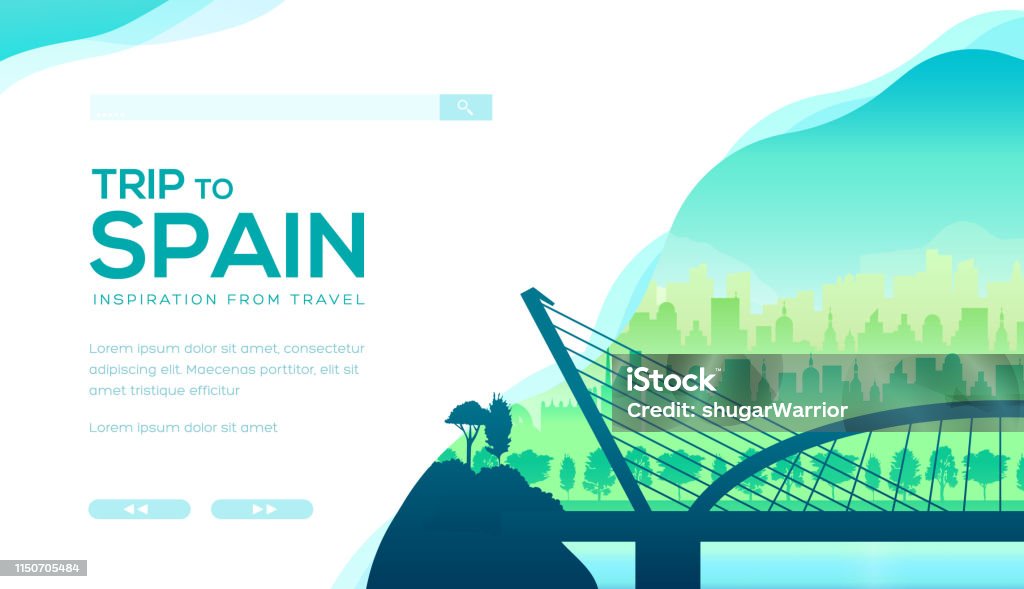 Trip to Spain vector landing page template Trip to Spain vector landing page template. Europe tourist attractions, landmarks web banner design. Barcelona, Madrid cityscape illustration with text space. Travel agency website homepage Architecture stock vector