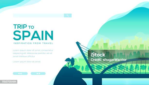 Trip To Spain Vector Landing Page Template Stock Illustration - Download Image Now - Architecture, Bilbao, Bridge - Built Structure