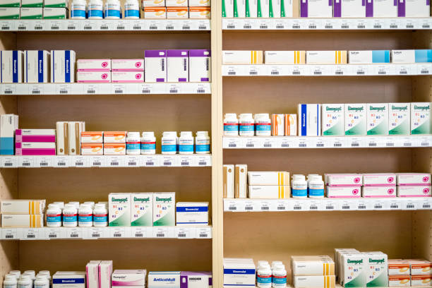 Shelves stacked with medicines